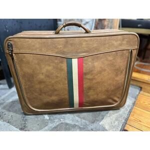 Vintage Faux, Leather Briefcase, Travel Bag tan W/ red green stripe retro style